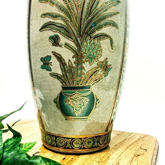 Porcelain Vase Green/Gold Botanical Motif Hand Painted Gilt Accent China - Picture 3 of 13